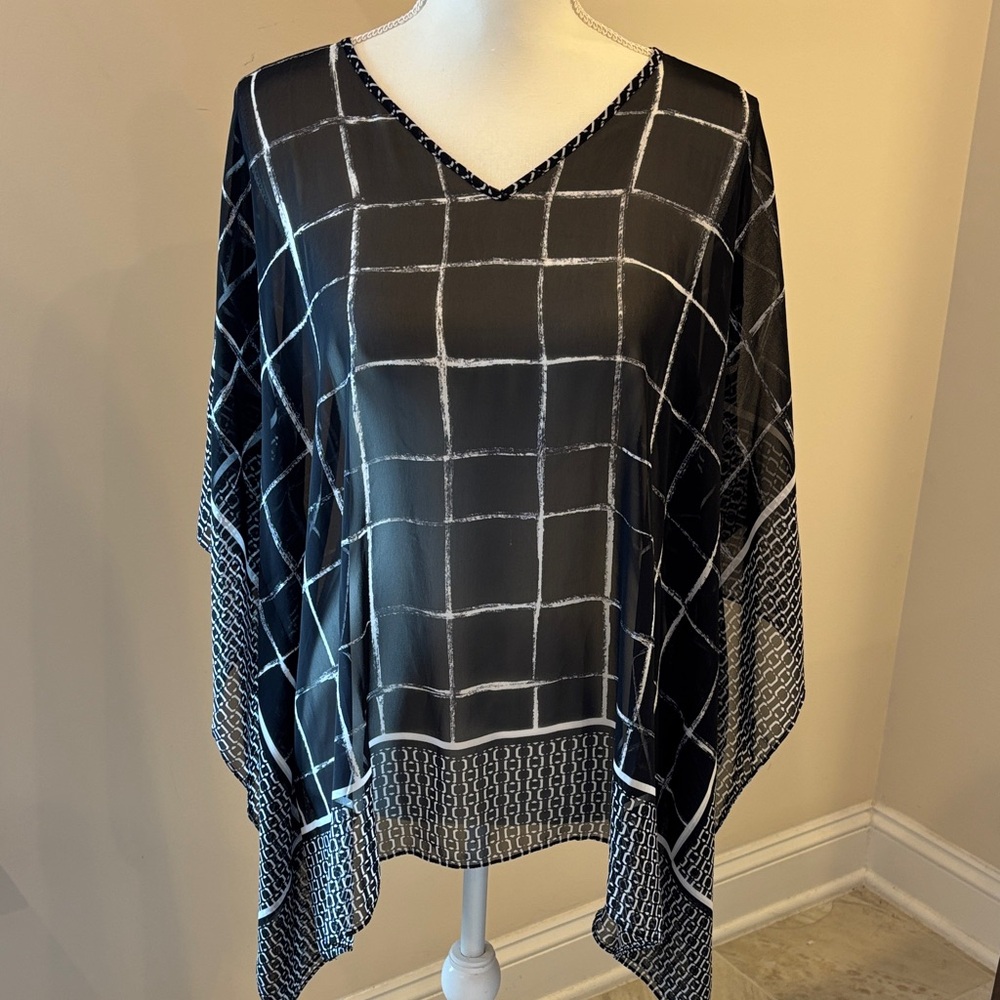Susan Graver Women's Black V-Neck Grid Print Poncho Top